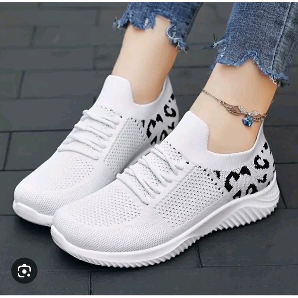 Women's White Sneakers with Leopard Print Heel (US size 7)